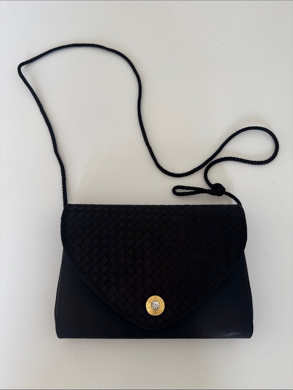 Black Woven Flap Crossbody Bag with Gold-Tone Snap